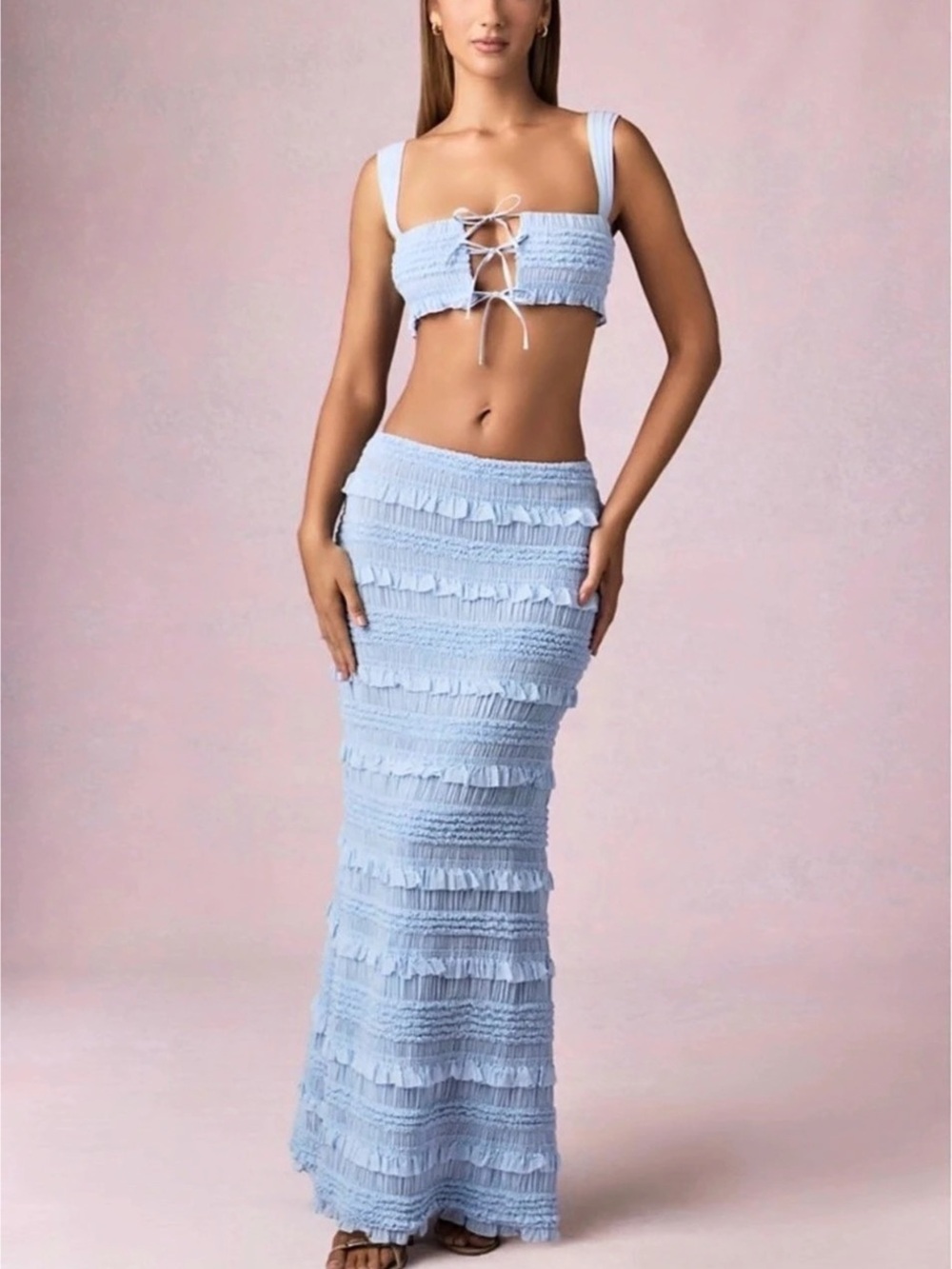 Oh Polly Ruffled Mid- Rise Maxi Skirt in Ivory